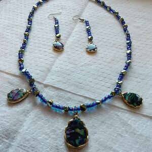 Blue and Gold Beaded Necklace and Earring Set